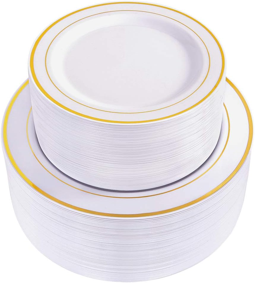120 Pieces Gold Disposable Plastic Plates - White and Gold Plates Include 10.25
