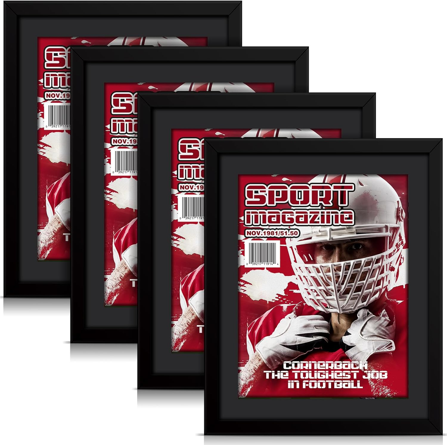 4 PCS Sports Magazine Frame Fits Measuring 8.5 x 11.25 Inch Magazine Display Frame with Installed Hangers and Core Matting Plastic for Wall Hanging(Black, Black Mat)