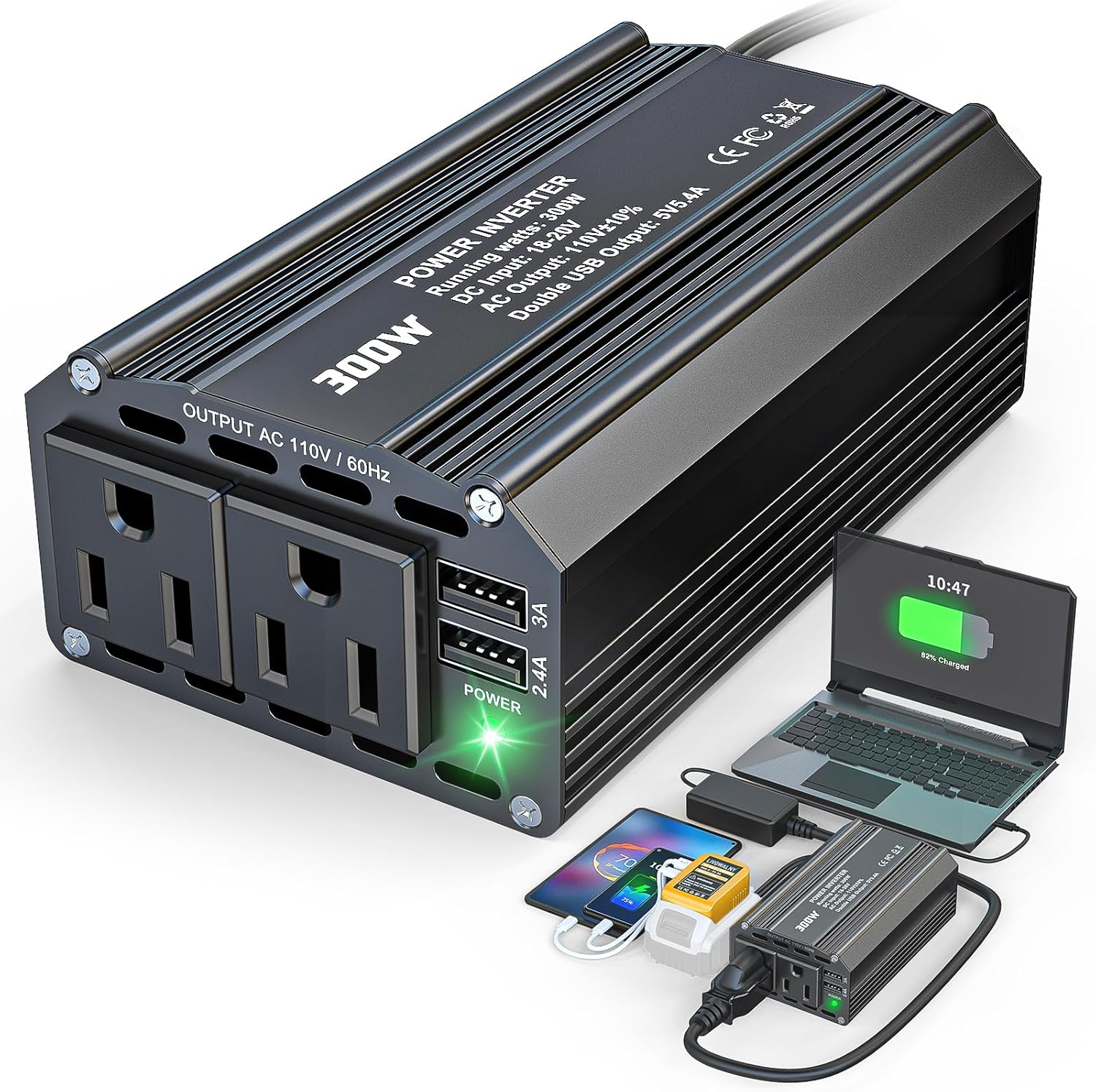 300W Power Inverter DC 20V to AC 110V for Dewalt: Battery Inverter Charger Adapter Power Supply with 2 AC & 2 USB Ports for Car, Vehicles, Laptop, Phone, String Light, Fan
