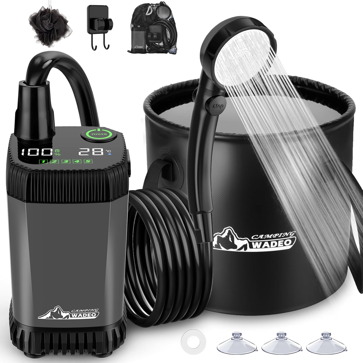 Rechargeable Portable Camping Shower with LED, 5 Speeds, IPX8 Waterproof
