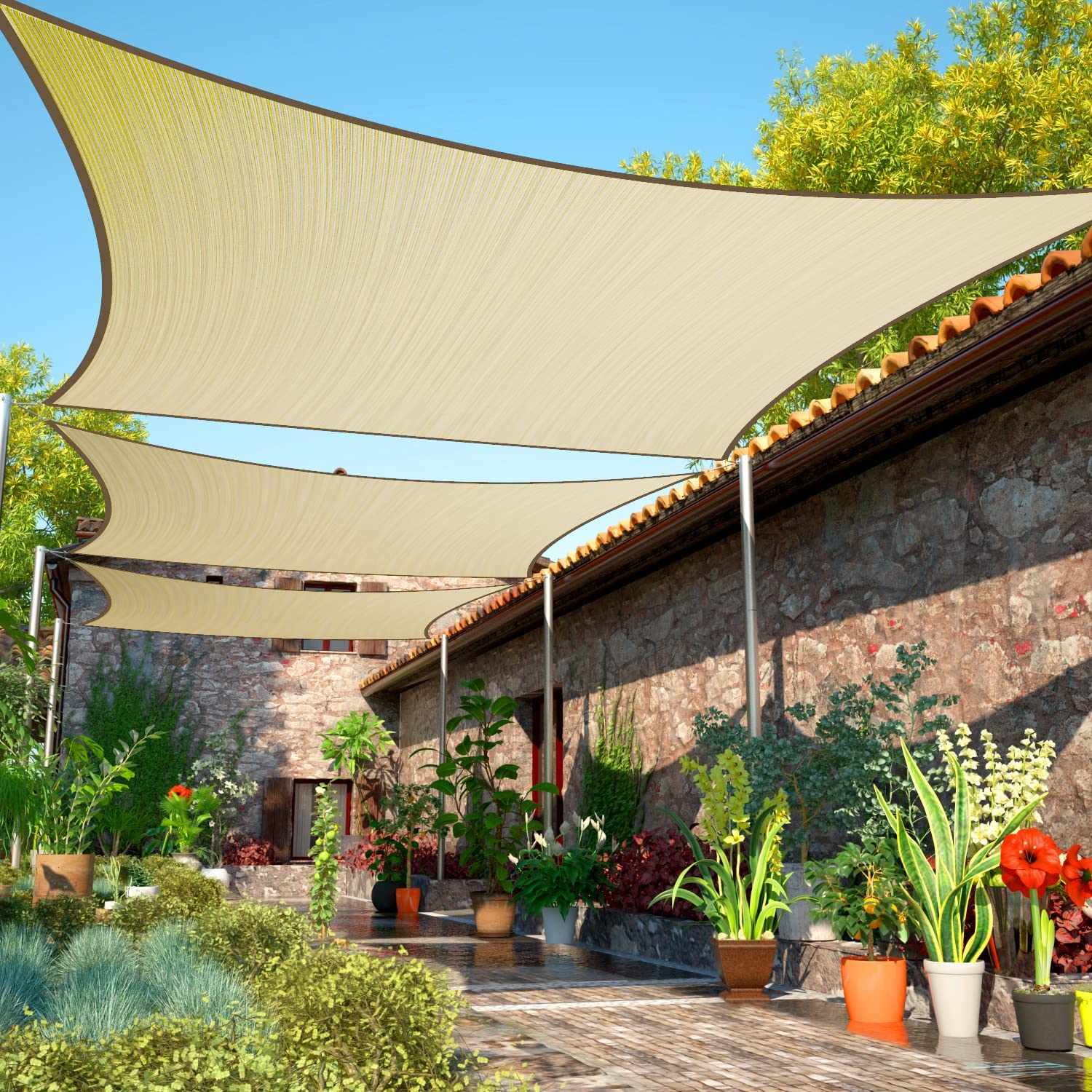 Shademart 12' X 20' Beige Sun Shade Sail UPF50 Rectangle Canopy Fabric Cloth Screen Smtapr1220, Water and Air Permeable & UV Resistant, Heavy Duty, Carport Patio Outdoor - (We Customize Size)