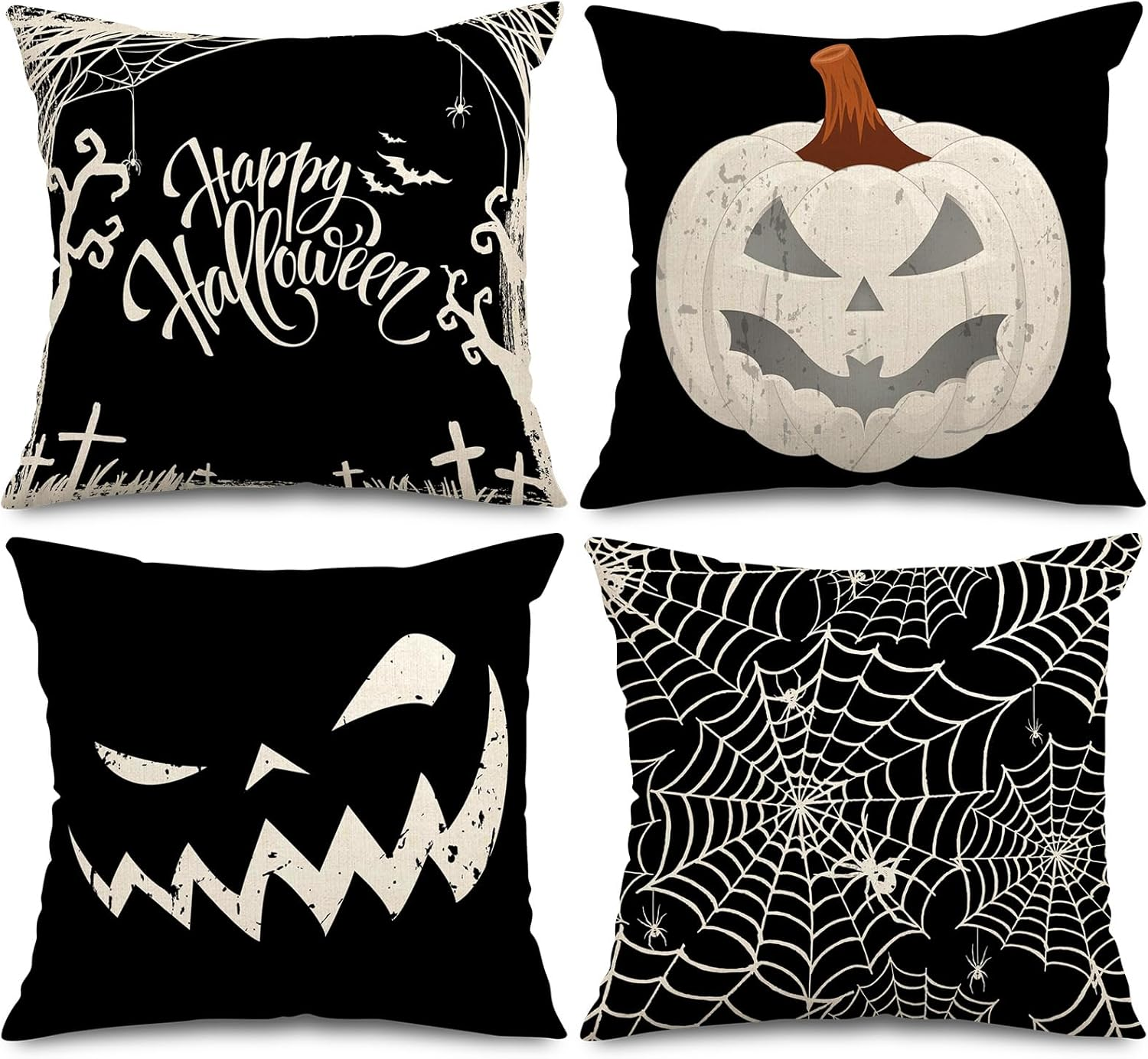 Happy Halloween Pillow Cover 20 X 20 Inch Pumpkin Spider Web Pillow Case Black Linen Throw Cushion Cover Cushion Cases for Home Office Halloween Sofa Bed Decoration, 4Pcs