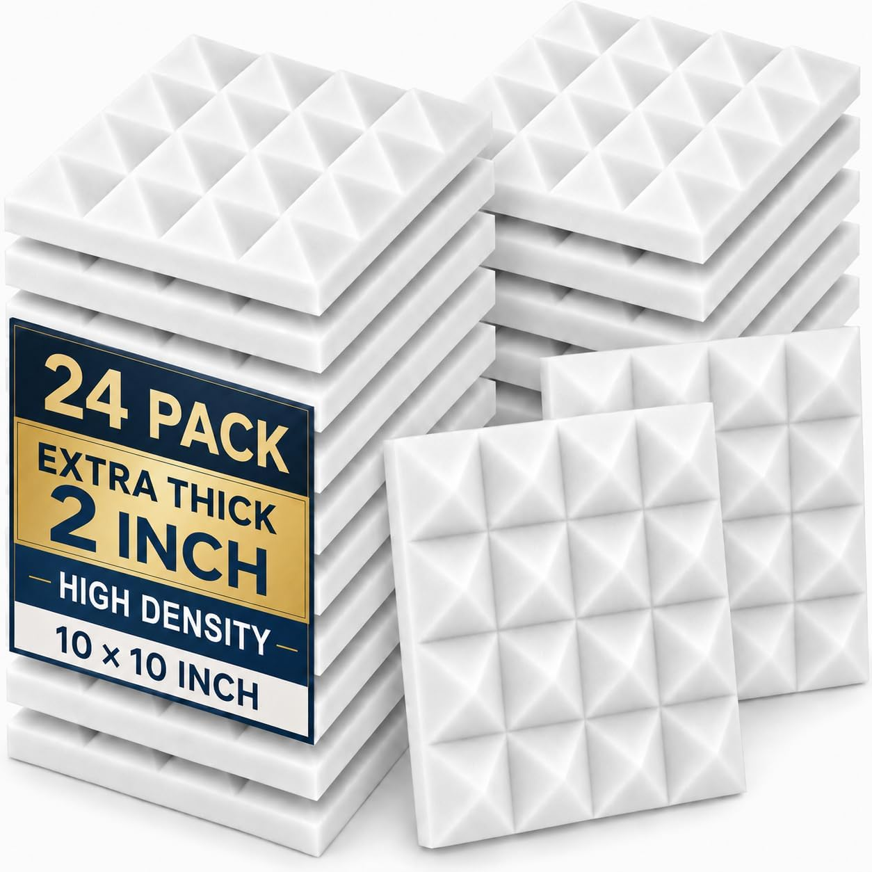 24 Pack 10 X 10 X 2 Inch White Acoustic Foam Panels, Pyramid Sound Absorbing Foam Tiles, Sound Dampening Wall Panels for Studio, Recording, Home Office & Gaming Room
