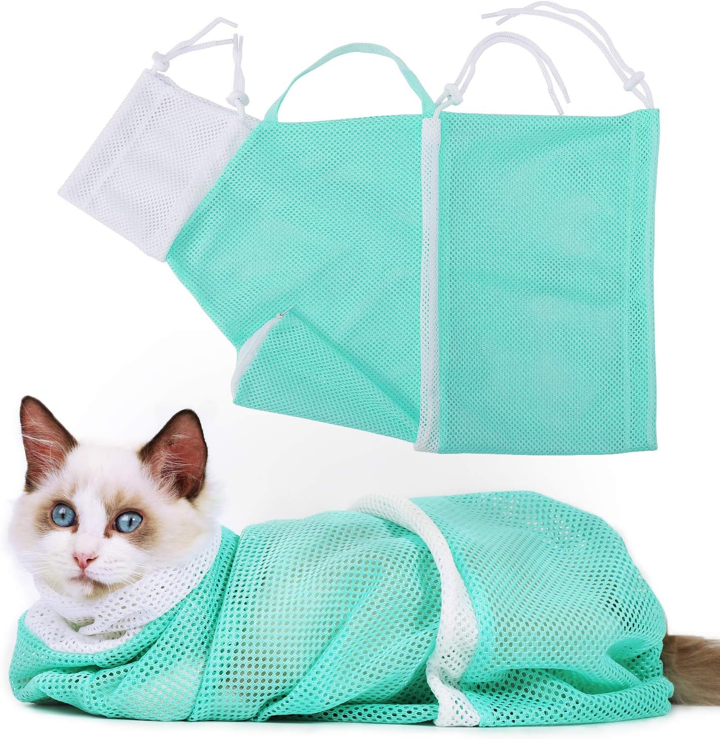 Cat Bathing/Grooming Bag Anti-Bite and Anti-Scratch for Bathing, Nail Trimming, Medicine Taking,Injection,Adjustable Multifunctional Breathable Restraint Shower Bag(Green)