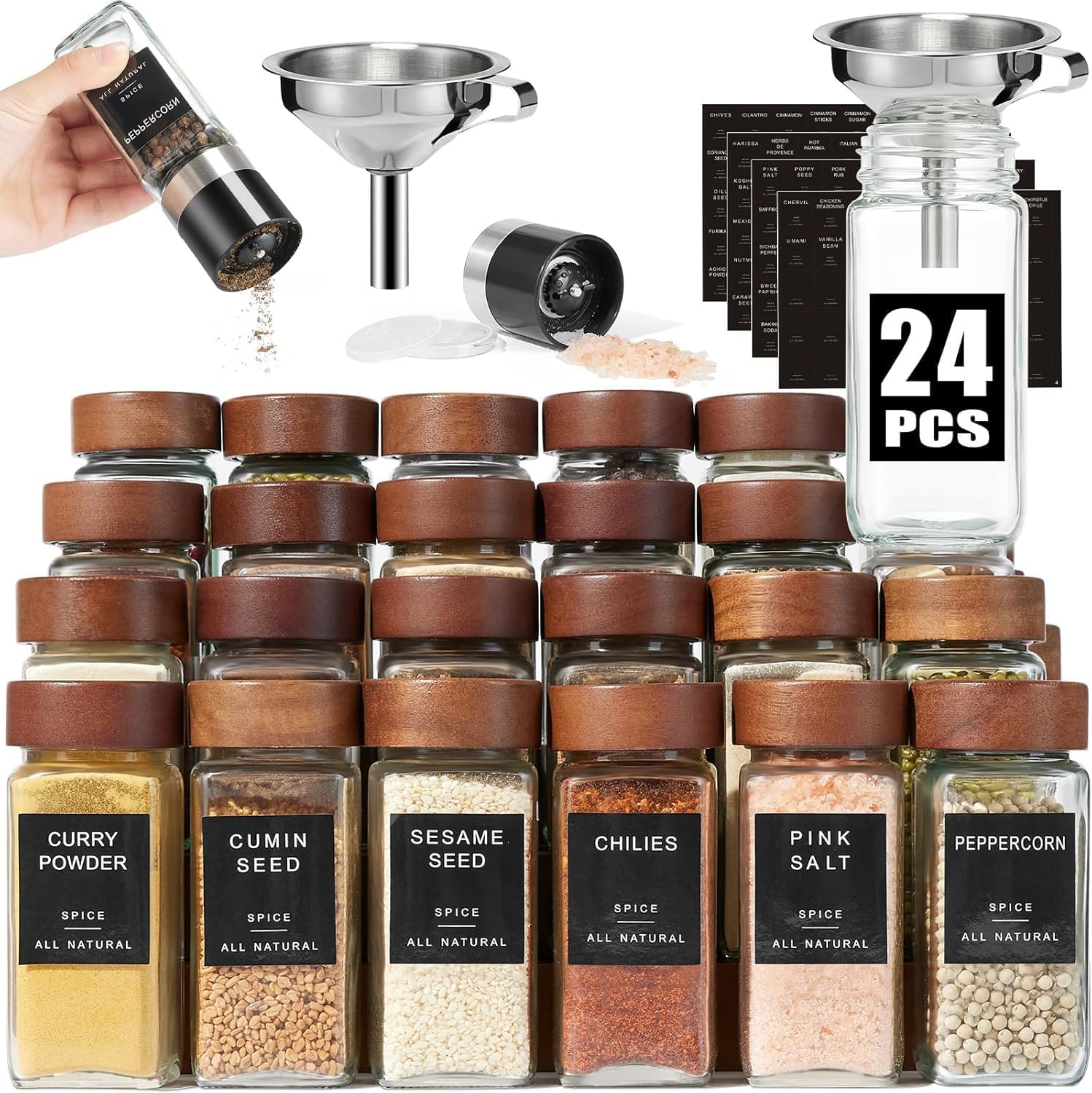 24Pcs Glass Spice Jars with Labels-4Oz Wood Lid Square Spice Containers with Pepper Grinder Lids &Funnel,Seasoning Jars for Rack Cabinet Drawer