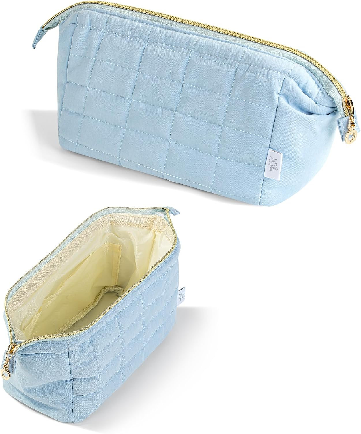 Aesthetic Quilted Makeup Bag for Women, Dusty Blue