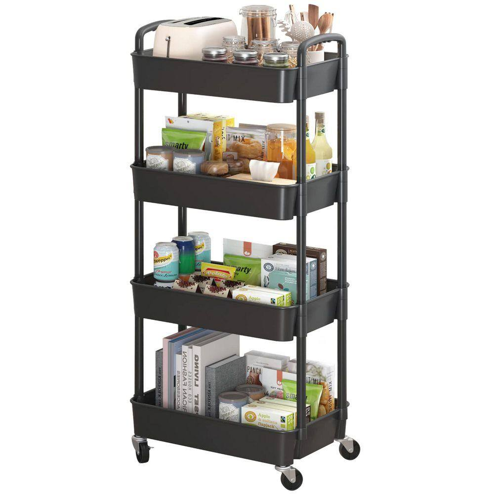 4-Tier Plastic -Wheeled Storage Utility Cart in Black