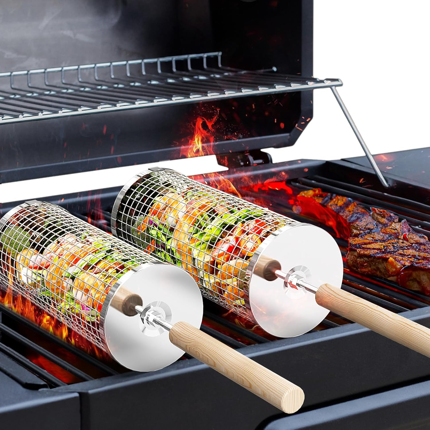 Rolling Grill Basket, Removable Wooden Handle, 304 Stainless Steel, Nesting Grilling Tools, Smoker BBQ Accessories for Vegetable, Outdoor Cooking Camping, Birthday Gifts for Men Dad Husband