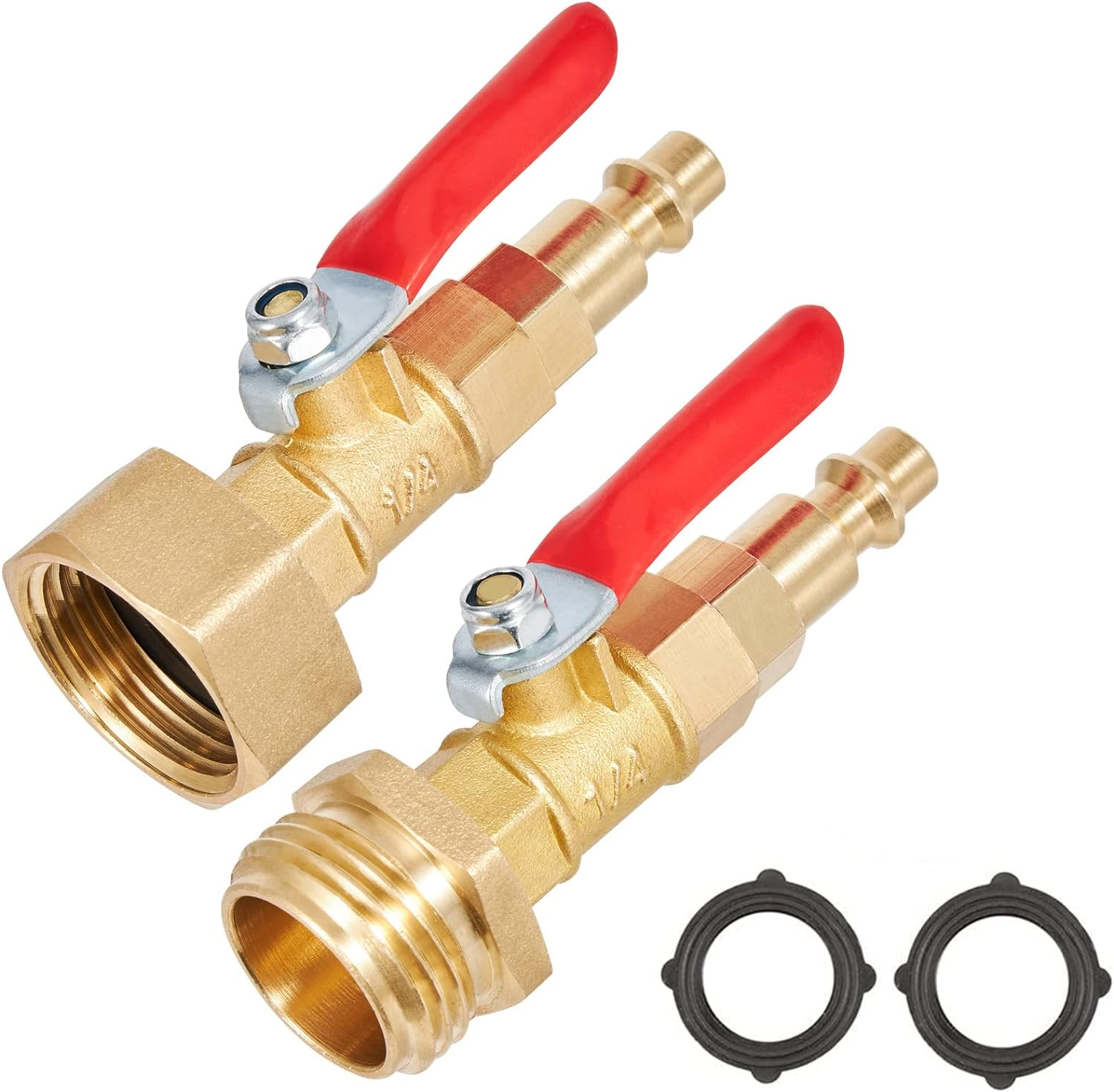 Brass Winterize Blowout Adapter,1/4 Inch Male Quick Connecting Plug and 3/4 Inch Male GHT Thread,With Ball Valve and 2 Pcs Washers For Blow Out Water to Winterize Sprinkler Systems (female&male)