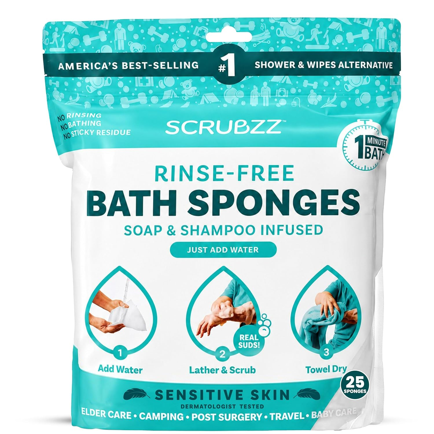 Disposable No Rinse Bathing Wipes for Senstive Skin - 25 Pack - All-In-1 Single Use Shower Wipes, Simply Dampen, Lather, and Dry without Shampoo or Rinsing (Sensitive Skin, 1-Pack)