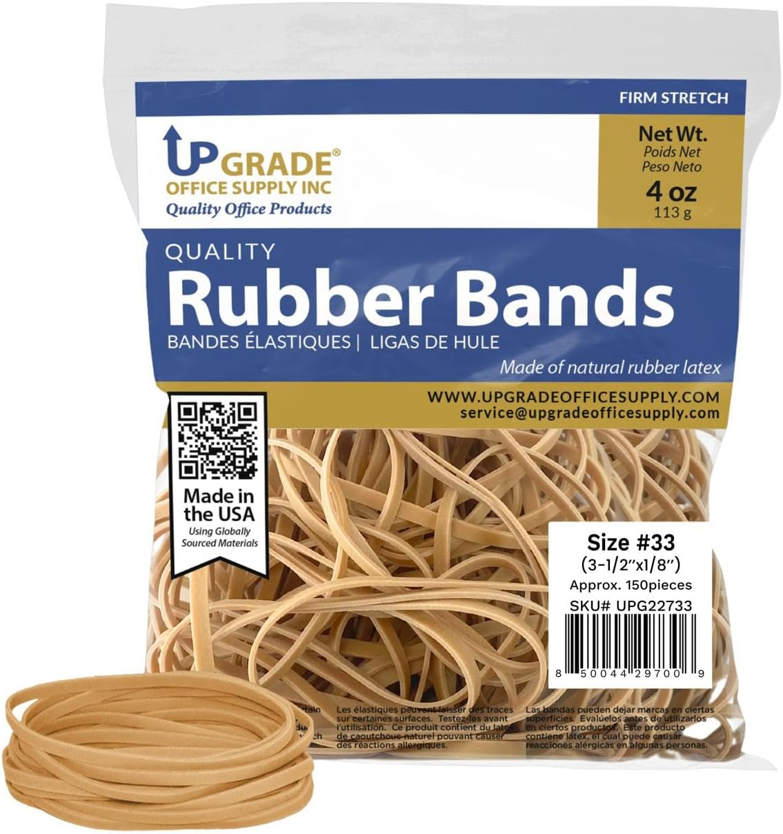 Upgrade Office Supply  Rubber Bands, Size #33 (3-1/2” x 1/8”), 150 Bands, 1/4 lb, USA