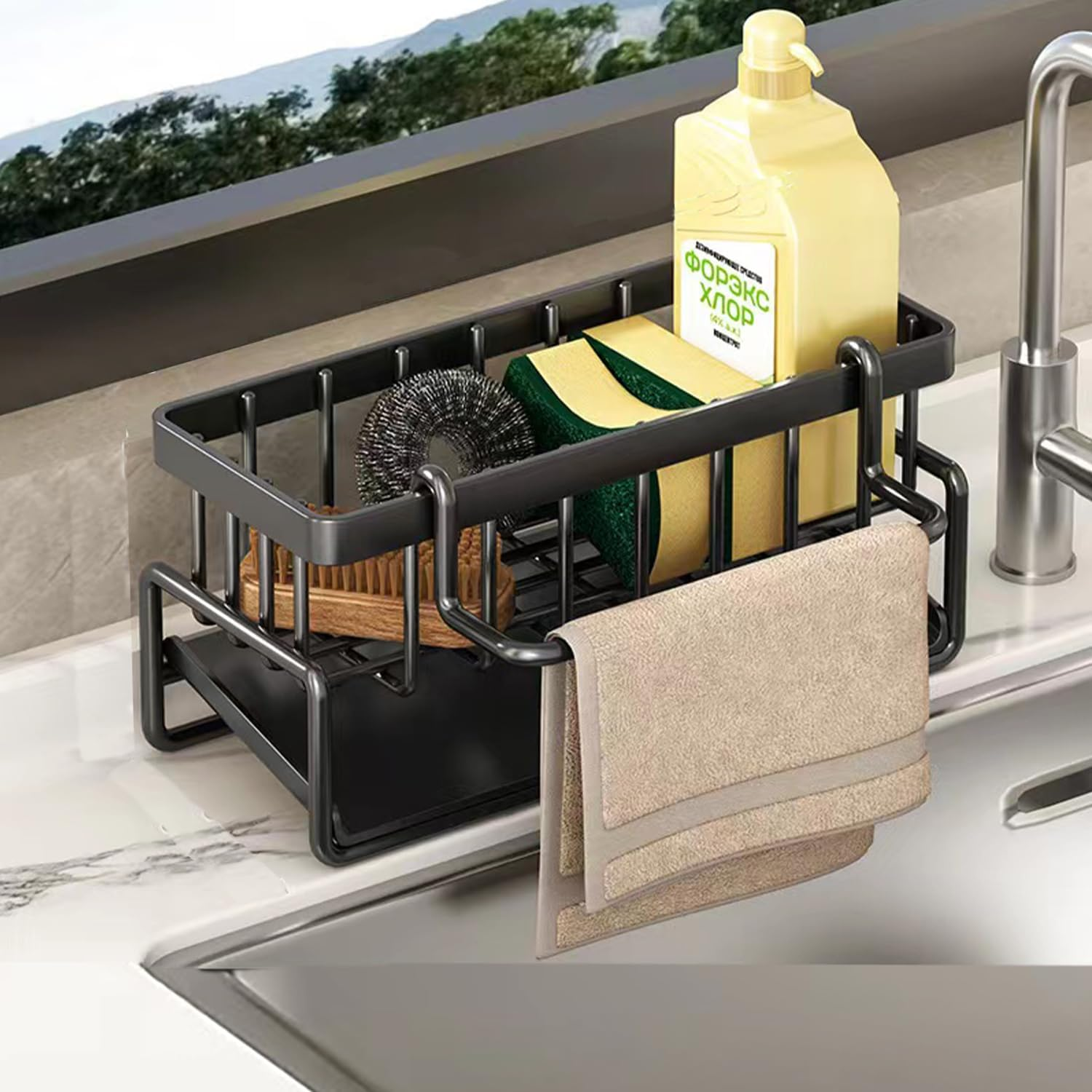 Kitchen Sink Caddy Organiser, Sponge Holder for Kitchen Sink with Self Draining Tray,Dish Soap Scrubber Brush Dishcloth Holder Rack,Rustproof Stainless Steel