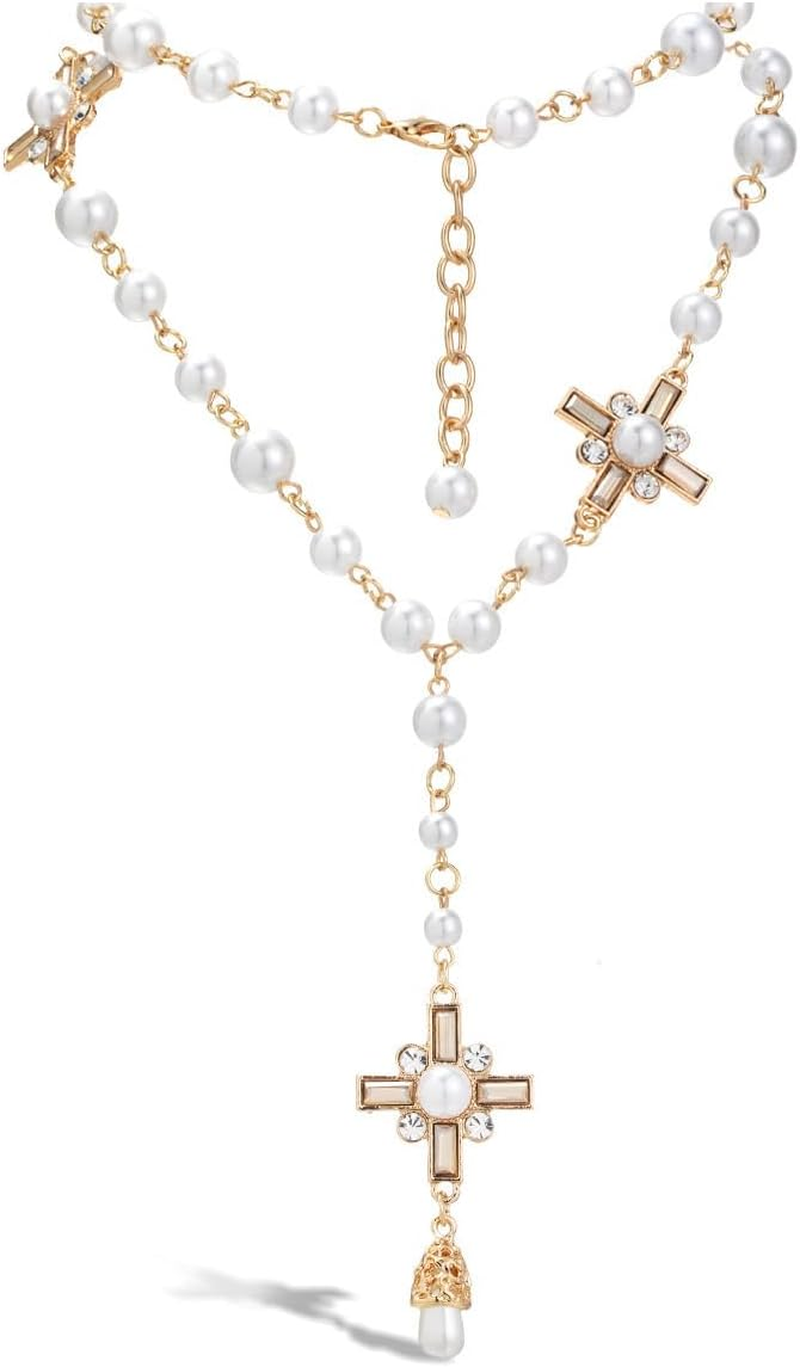 Cross Pearl Necklace for Women Long Gold Western Chain Dainty Statement Necklace Birthday Gift Christian Jewelery Gifts
