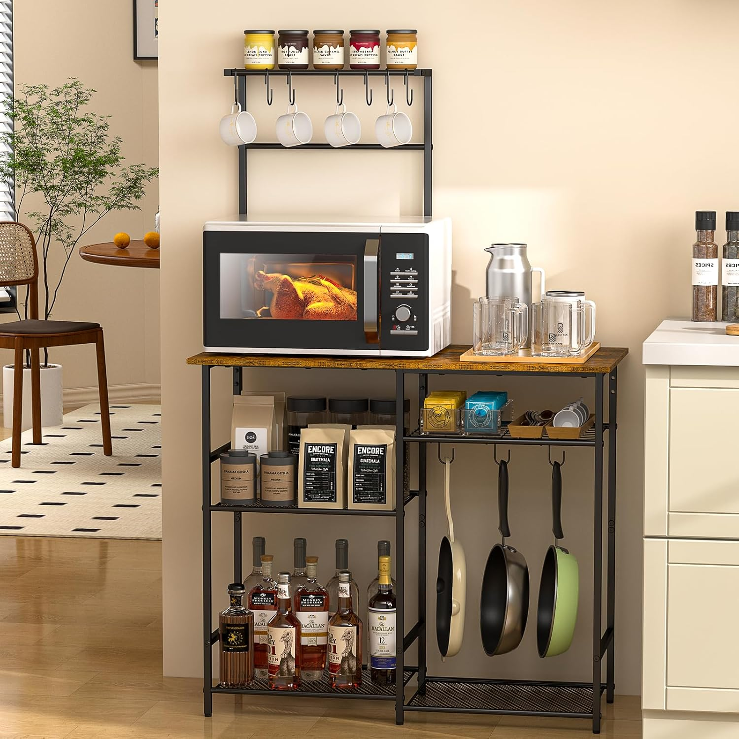 Ingseagulls Baker'S Rack with Storage, Microwave Stand with Adjustable Shelves, Kitchen Stand with 10 S Hooks, 6-Tier Coffee Bar Station, Rustic Brown
