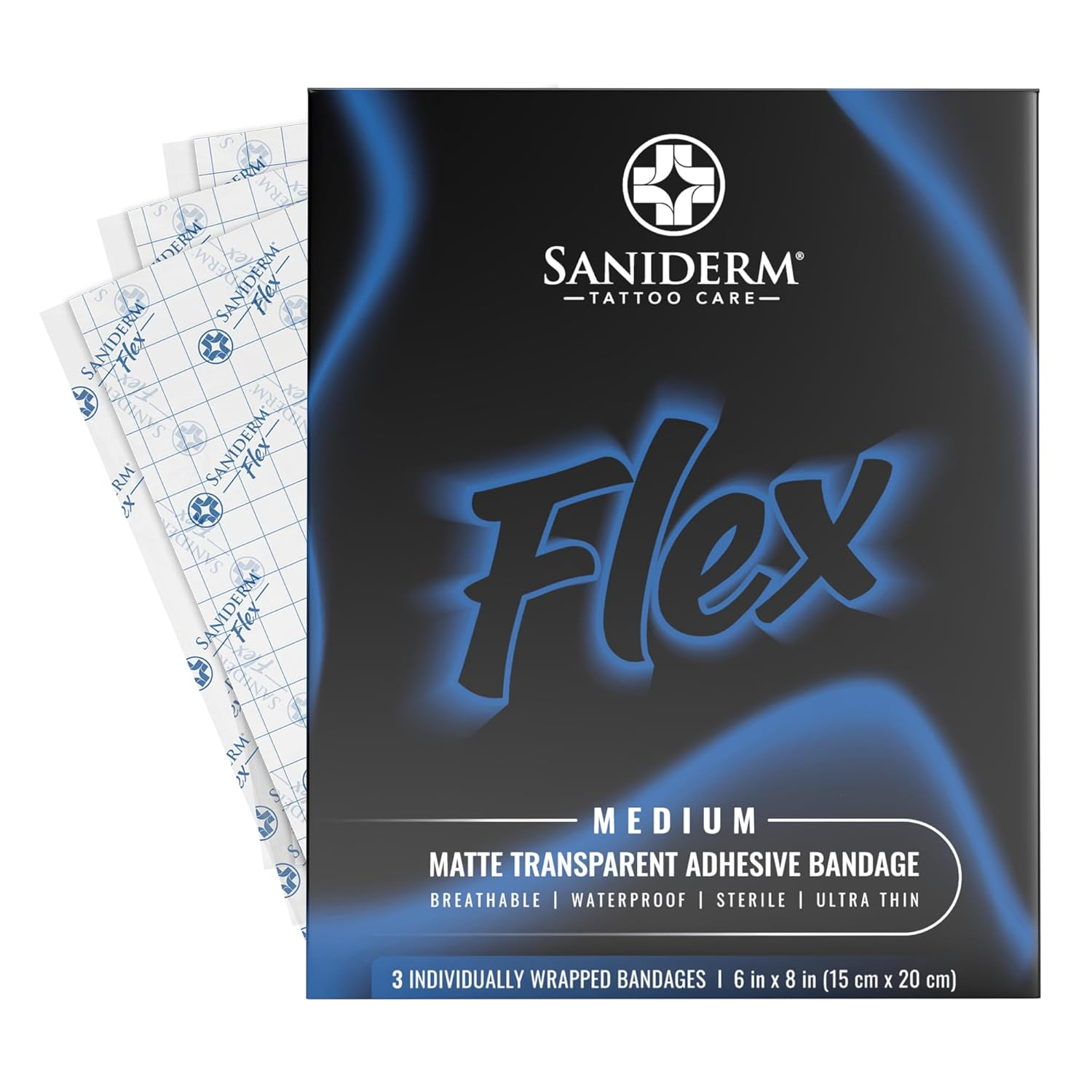 Saniderm Flex Tattoo Aftercare Bandage (New) (3 Pack, 6 in X 8 In) – Convenient, Faster Tattoo Healing and Protection – Sterile, Waterproof, Ultra Flexible, Tattoo Aftercare Wrap – Matte Finish