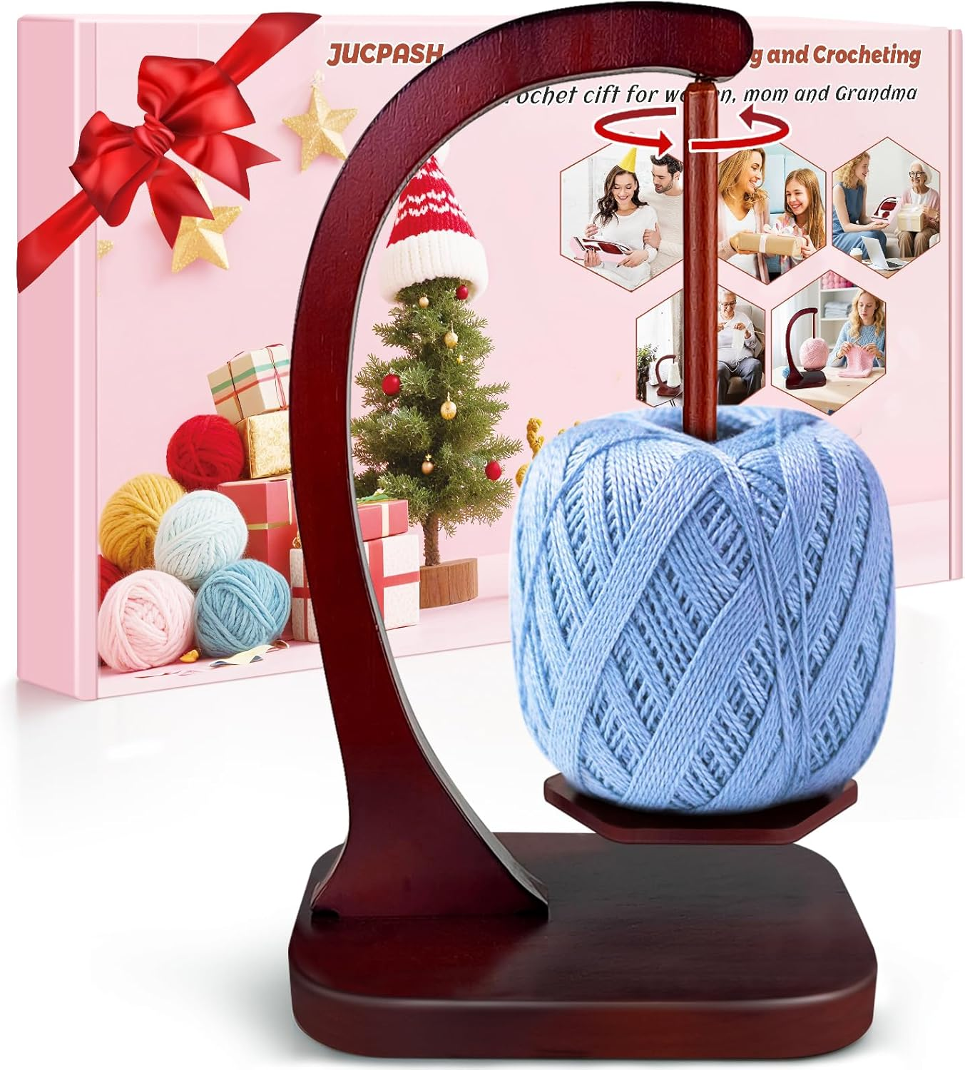 Yarn Holder for Crocheting and Knitting, Wooden Yarn Spinner with Magnetic Rotating Mechanism and Anti-Slip Pads, Crochet Gift for Knitting Lovers - Brown