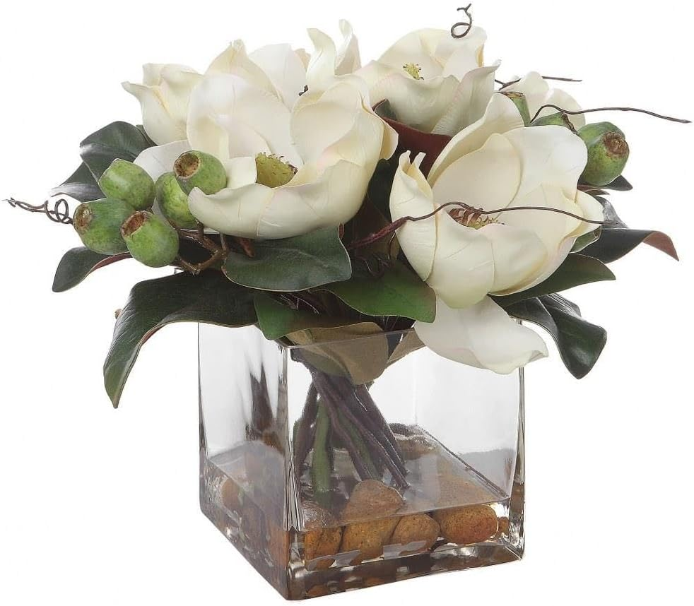 Elegant White Magnolia Bouquet in Glass and Polyfoam by