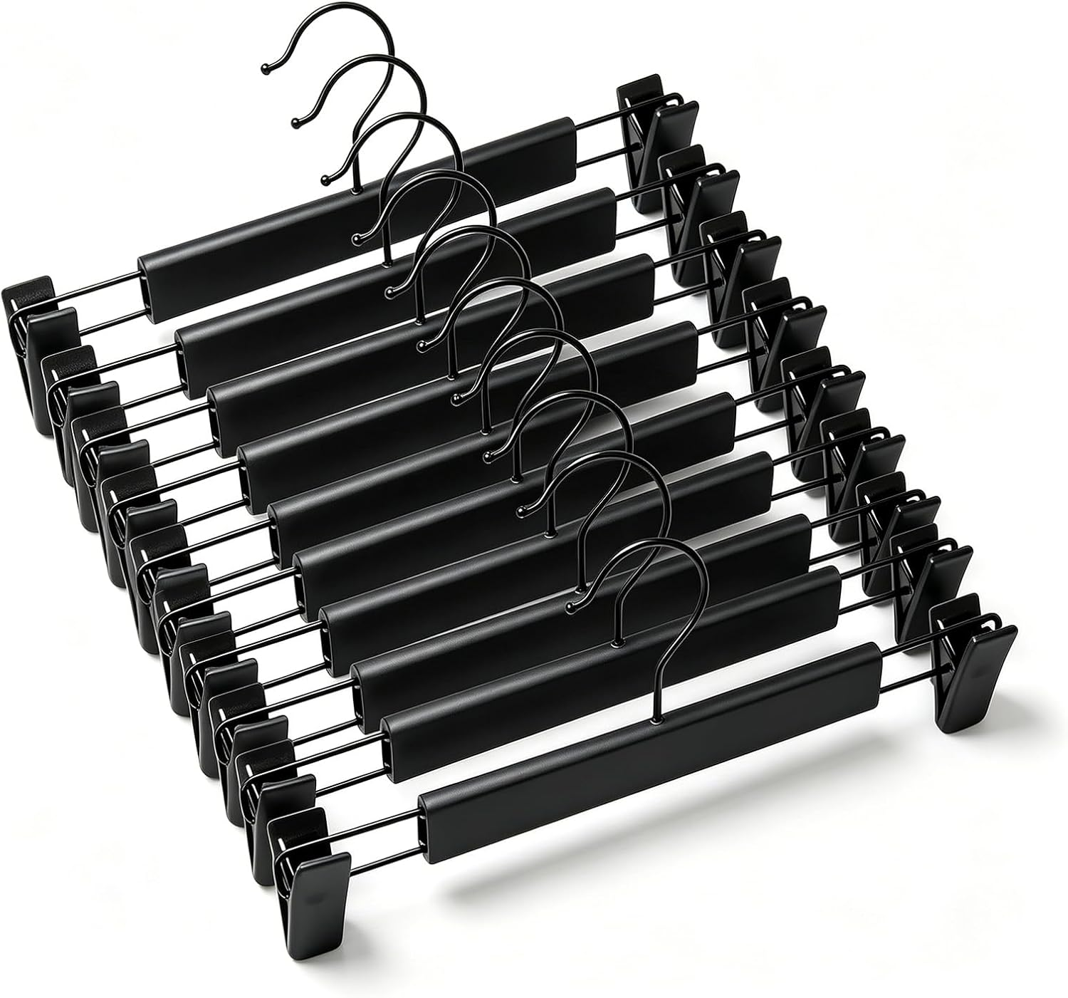 10 Pack Black Plastic Clothes Hangers with Adjustable Anti-Rust Clips, 360° Rotatable Hook, Heavy Duty Space Saving Skirt Pants Hangers for Wardrobe Closet Organizer