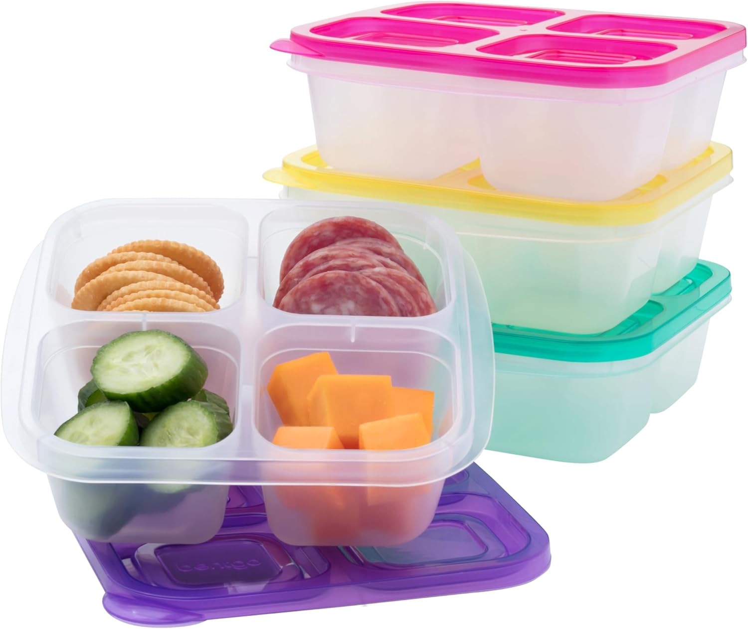 Easyboxes 4-Compartment Snack Containers - 8-Piece Set with 4 Trays & 4 Custom-Fit Lids to Seal in Freshness - Reusable Food Storage & Meal Prep Bento Bpa-Free Containers (Brights)