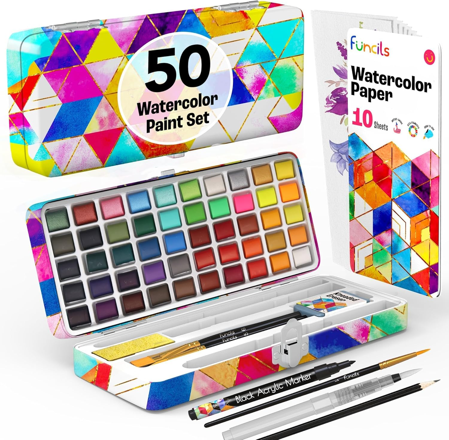 Watercolor Paint Set - 50 Travel Watercolors Set - Water Colors Paint for Adult, Kids, Beginners, Professional Artists | Watercolor Palette with Paper, Brush, Pen | Art Supplies for Adults