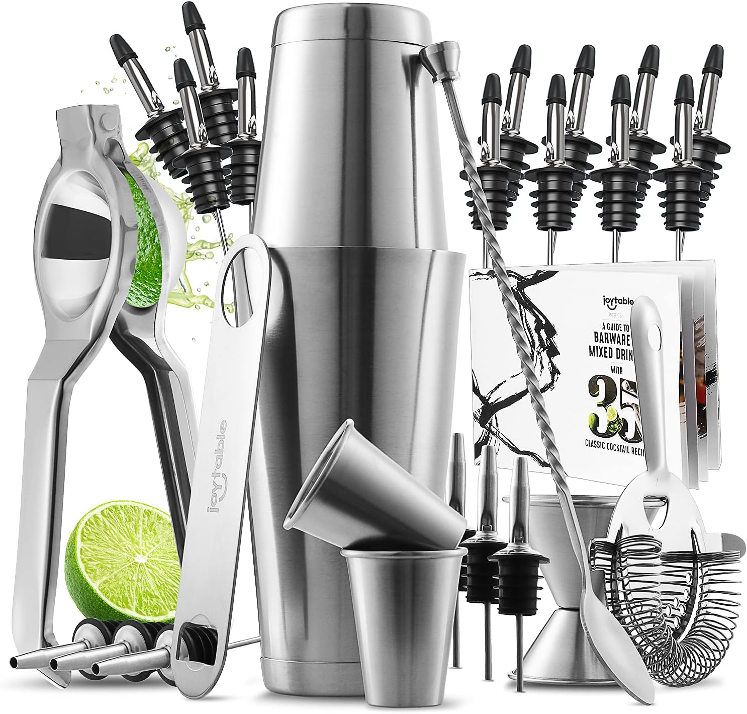 Bar Set Cocktail Shaker Set, Stainless Steel Mixology Bartender Kit, 28PC Cocktail Kit, Silver Cocktail Set, Bar Tools: 30Oz Martini Shaker, Muddler, Bar Kit Cocktail Book, Jigger and Pourers