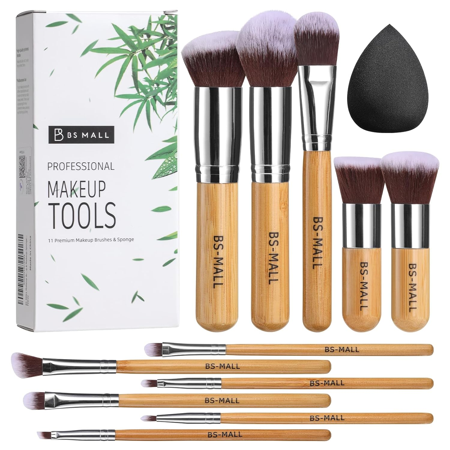 Juego de 11 brochas de maquillaje Kabuki sintéticas de bambú para base de maquillaje