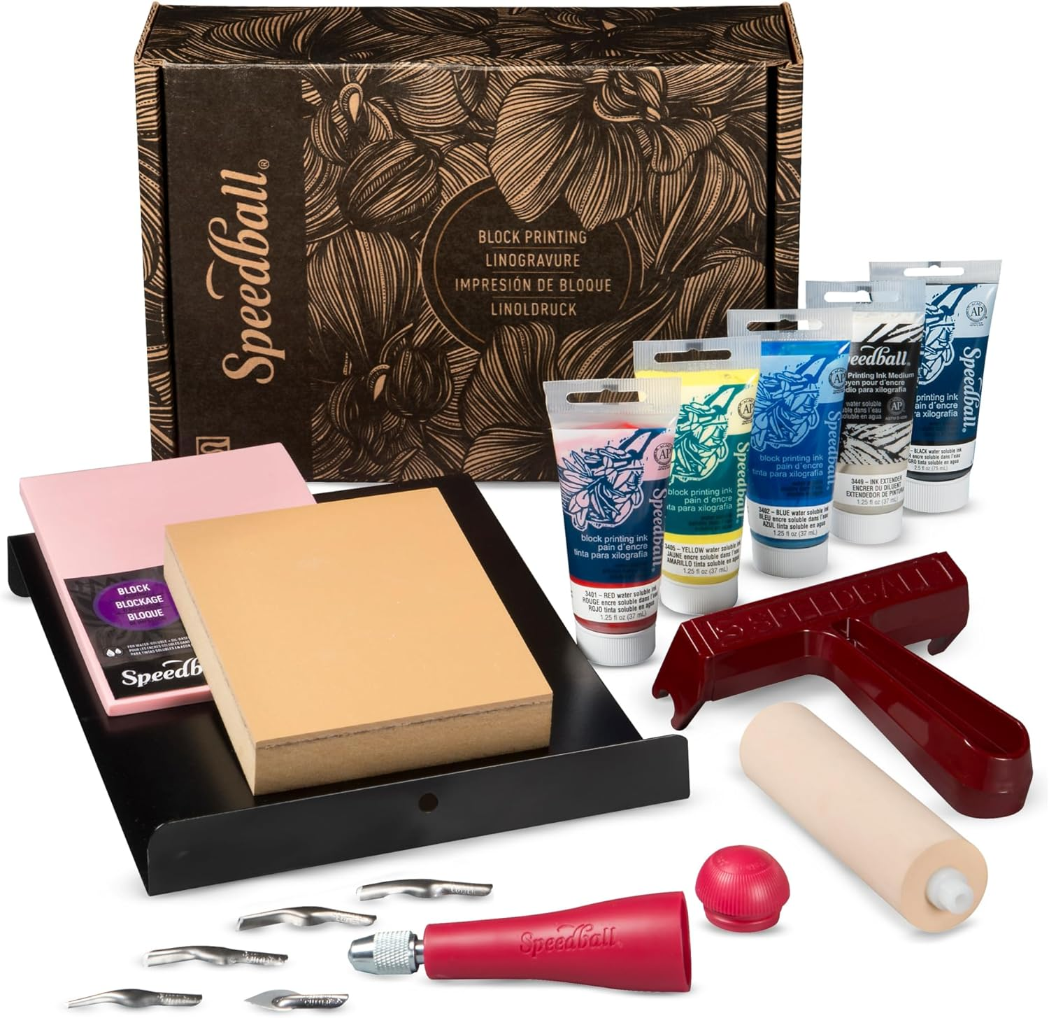 Speedball Deluxe Block Printing Kit - Includes Inks, Brayer, Bench Hook, Lino Handle and Cutters, Speedy-Carve Block, Mounted Linoleum Block (3472)