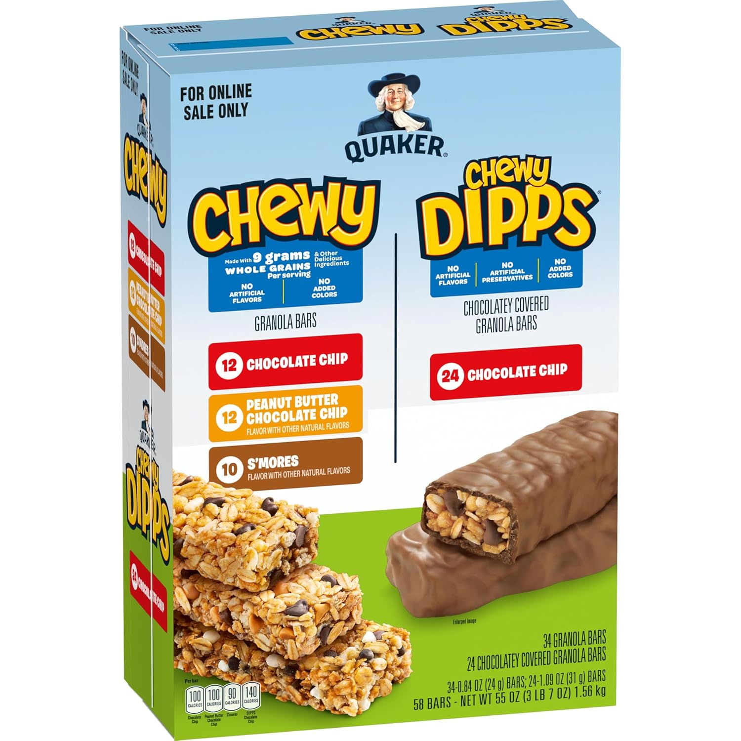 Quaker Chewy Granola Bars, Chewy & Dipps 4 Flavor Variety Pack, 58 Pack, Chocolate Chip, Peanut Butter Chocolate Chip, Smores Flavors