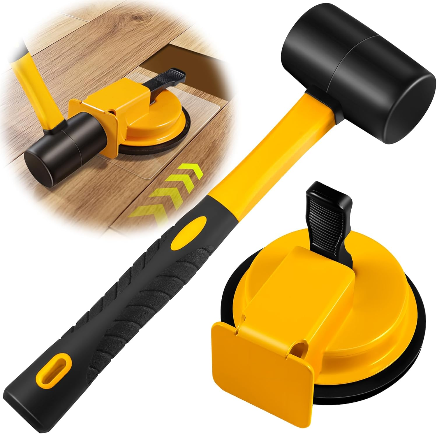 Heavy Duty Floor Gap Fixer Tool with Rubber Mallet, Iron Body & Strong Suction Cup, Includes 5 Sticky Pads for Laminate, Vinyl, Wood & Tile Flooring Installation and Repair