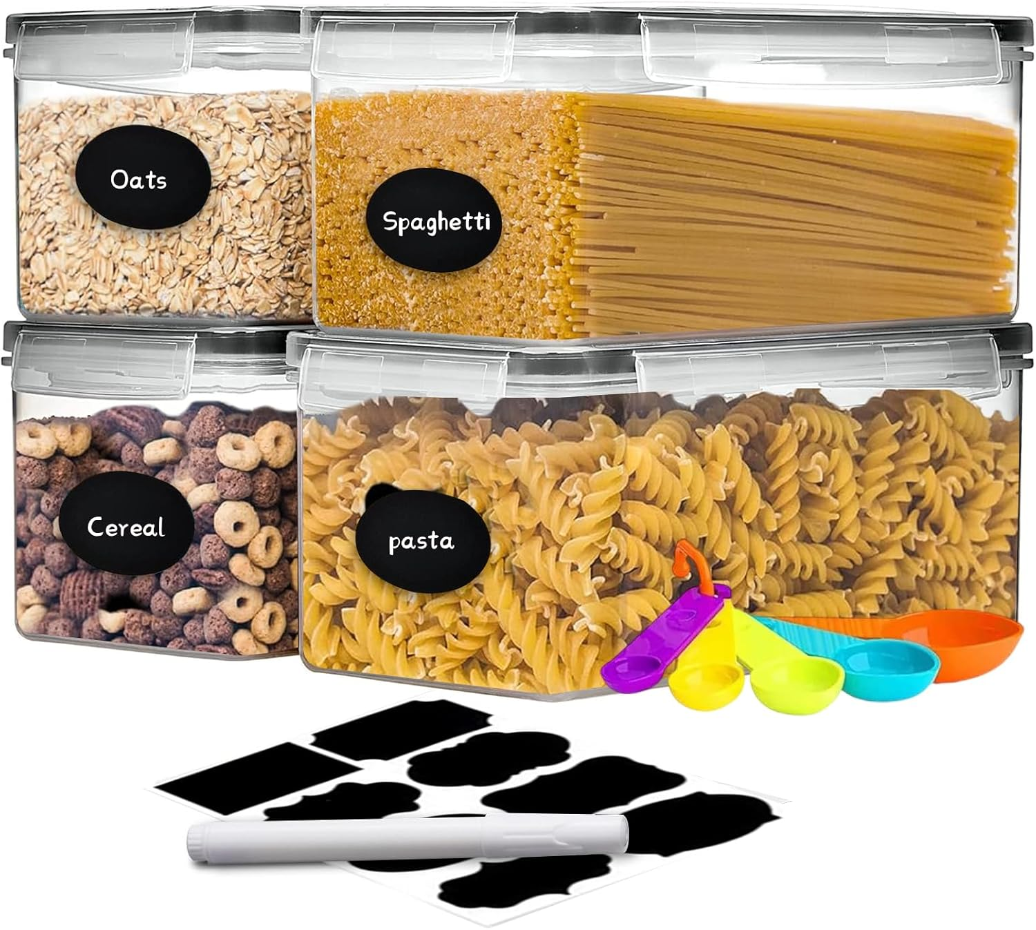 4PCS 3.2L/108 OZ Airtight Food Storage Containers with Lids, Plastic Spaghetti Canisters for Pasta Organizer, BPA Free Air Tight Kitchen Pantry Organization