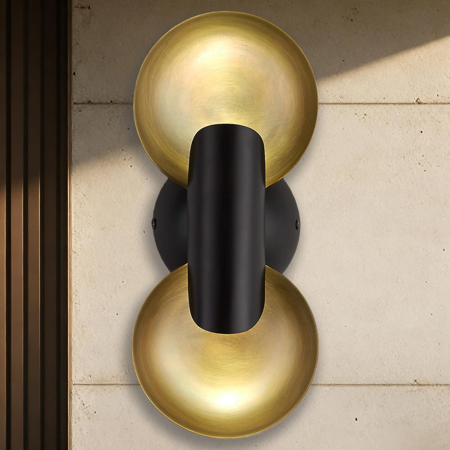 Decorative 2-Light Sconce with Antique Brass Shallow Disc-Like Bowl Shades, Creative Wall Lamp with Black Cylindrical Candle Design, Art Deco Wall Mounted Light for Bathroom, Hallway, Living Room