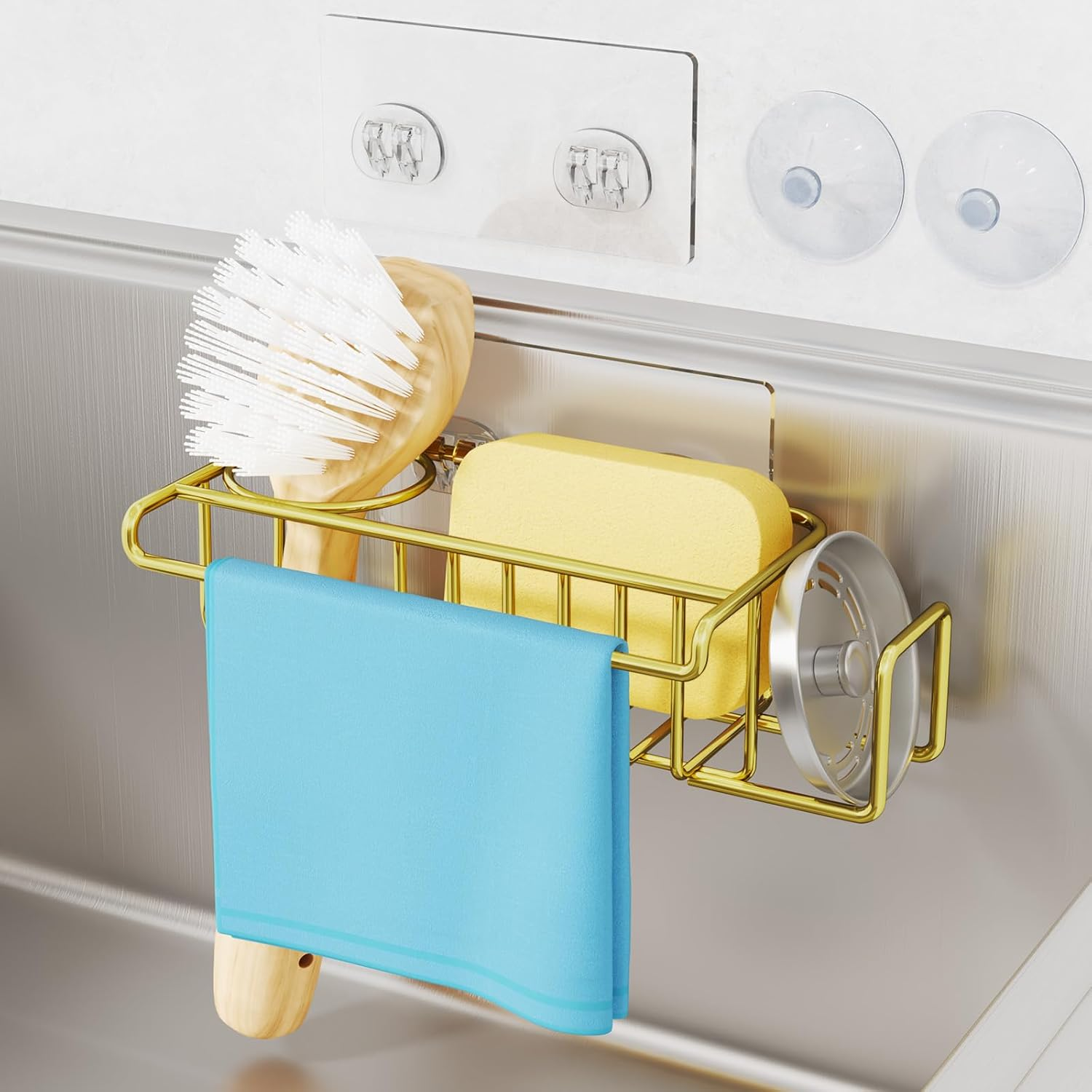 Sponge Holder for Kitchen Sink, No Drill Kitchen Sink Caddy Organizer, Rustproof Dish Sponge Holder- Gold(8.73 * 3.54 * 2.36in)