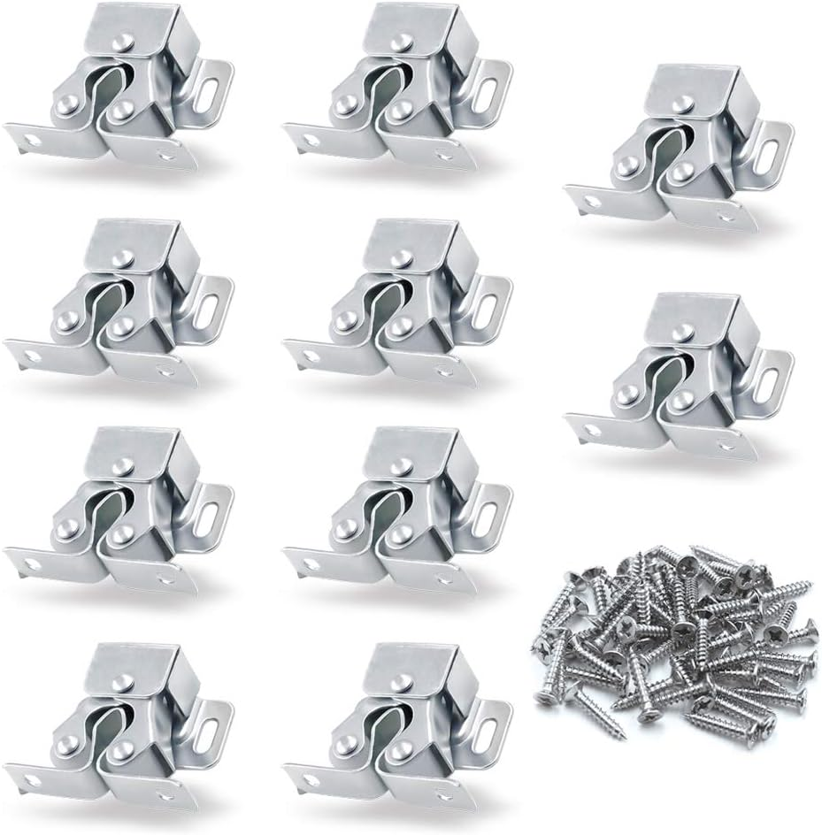 Luomorgo 10 Pack Double Roller Catch Cabinet Latches with Spear Strike for Cupboard Closet Door, Silver