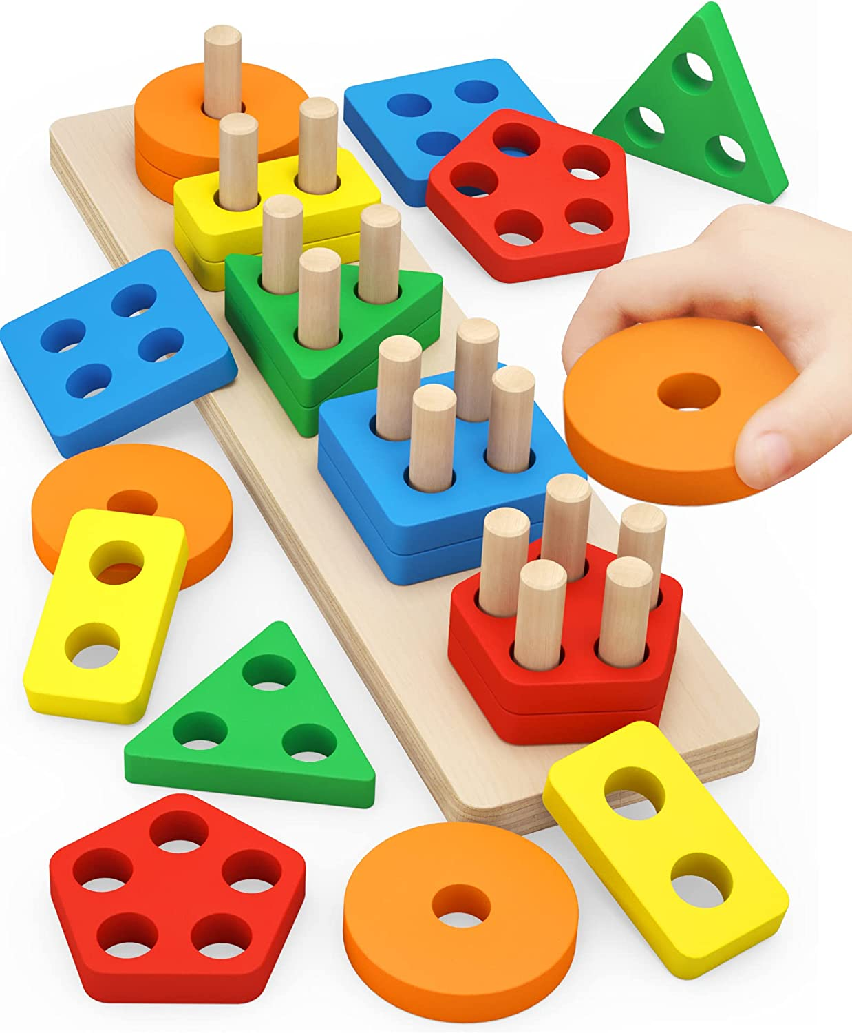 Montessori Wooden Sorting & Stacking Toy – Educational Puzzle for Toddlers 1-3, Shape & Color Recognition