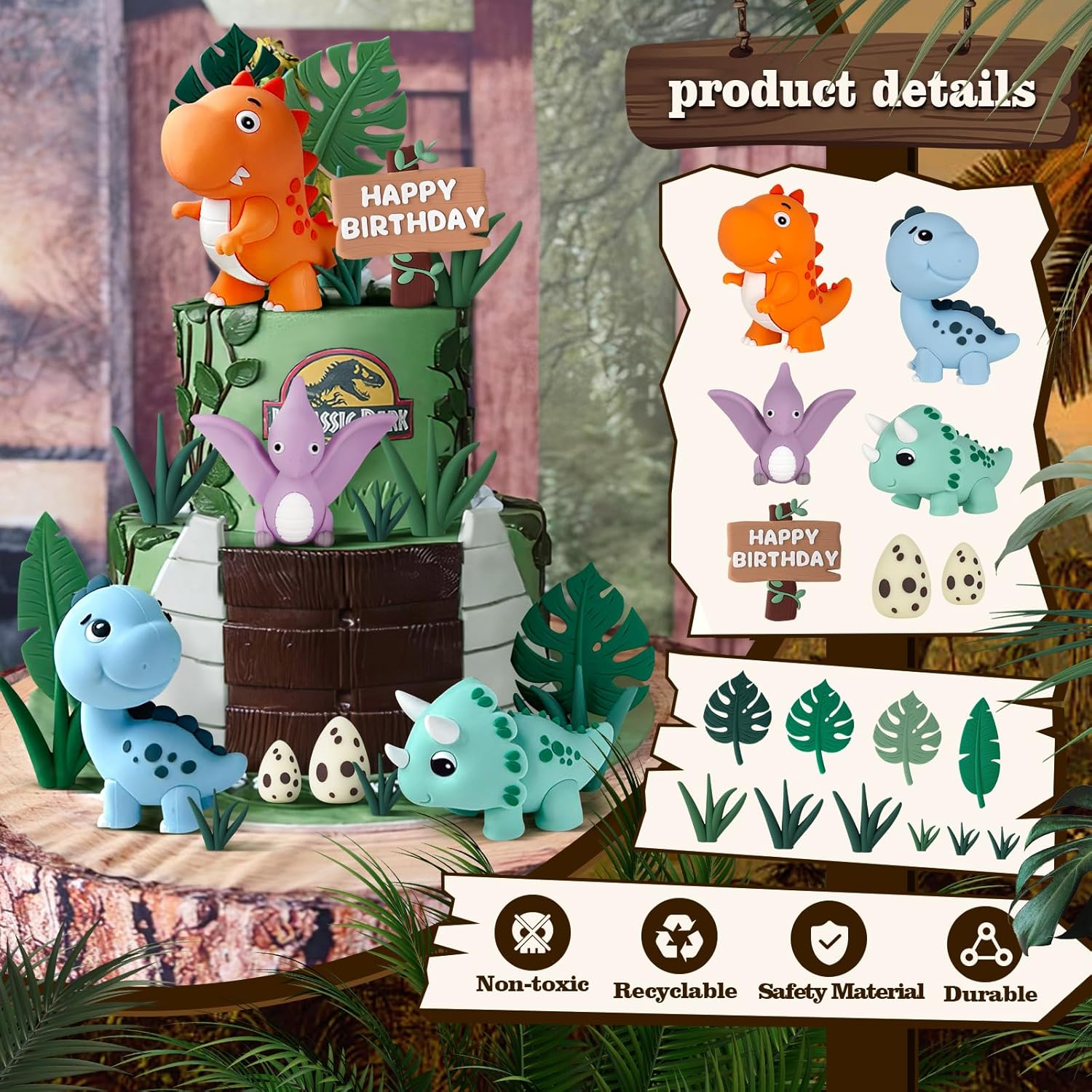 17PCS Dinosaur Cake Topper, Dinosaur Eggs Leaves Grasses Cake Decorations wit... - Picture 4 of 15