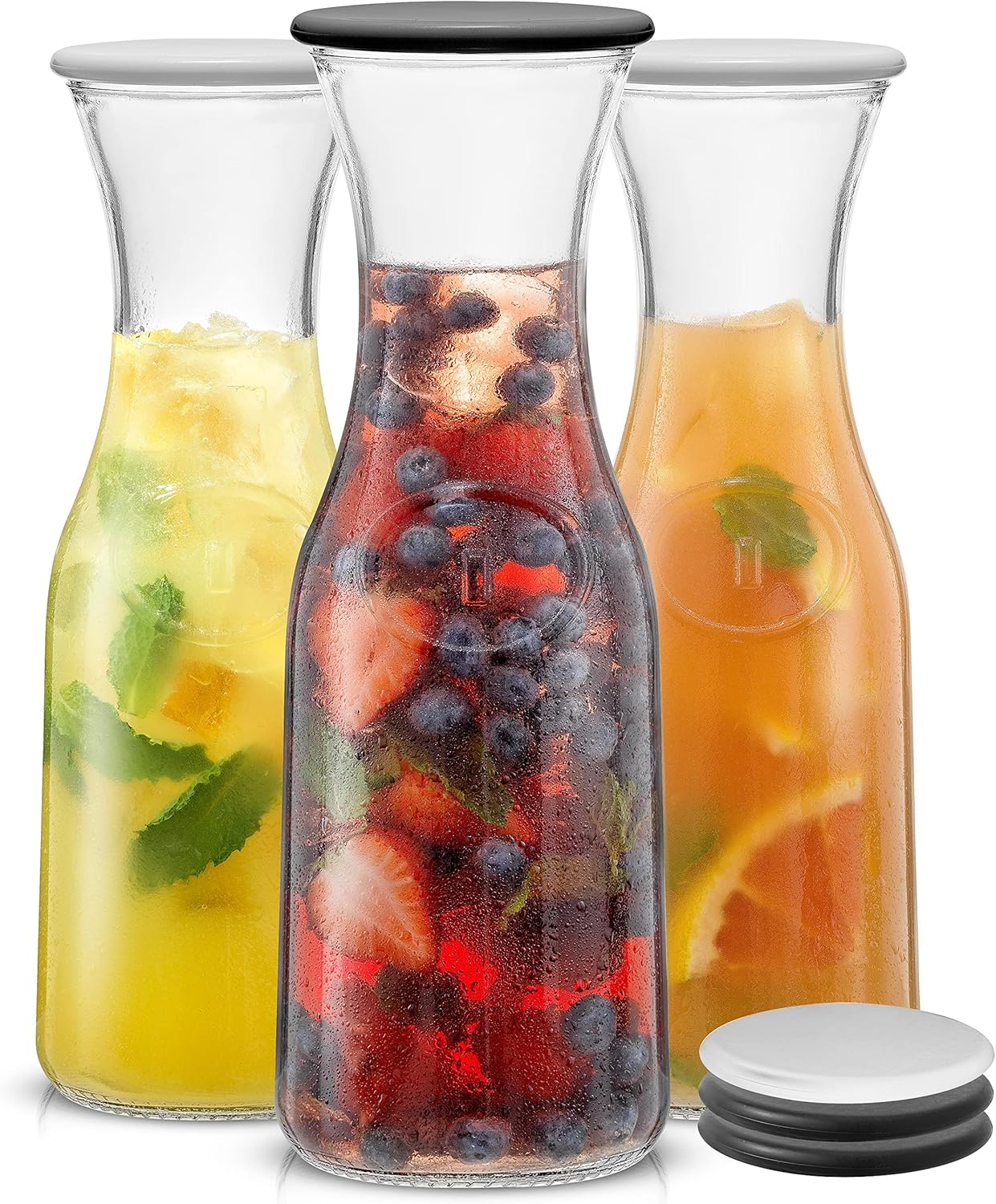 Glass Carafe with Lid, Set of 3 – 1 Liter Glass Pitcher for Mimosa Bar, Water, Iced Tea, Juice, Wine, Lemonade, Milk – Dishwasher Safe Beverage Drink Dispensers for Brunch, Parties