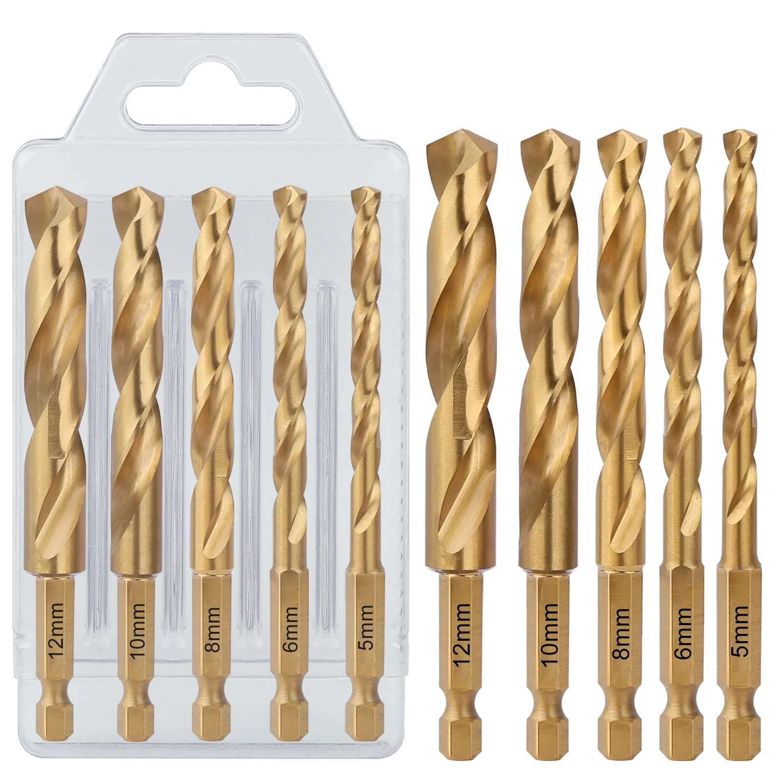 5Pcs/Set 5/6/8/10/12Mm HSS M2 Metric Titanium Coated Straight Shank Twist Drill Bit 100Mm with 6.35Mm Hex Shank for Wood Metal