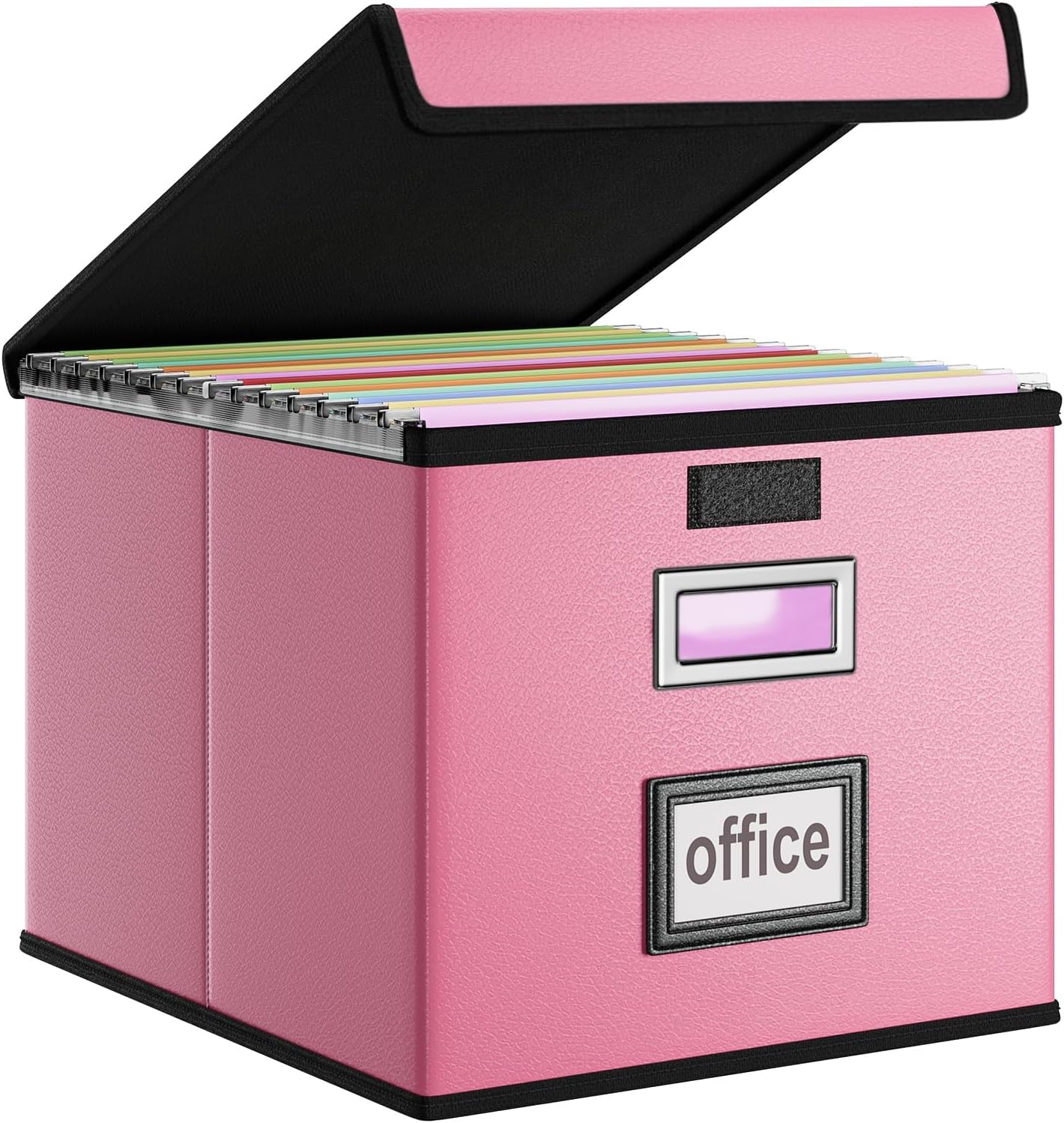 File Organizer Box with Lid, Collapsible Leather File Folder Organizer for Office Document Storage, Filing Box with Plastic Slide for Letter/Legal Size Hanging Files, Pink