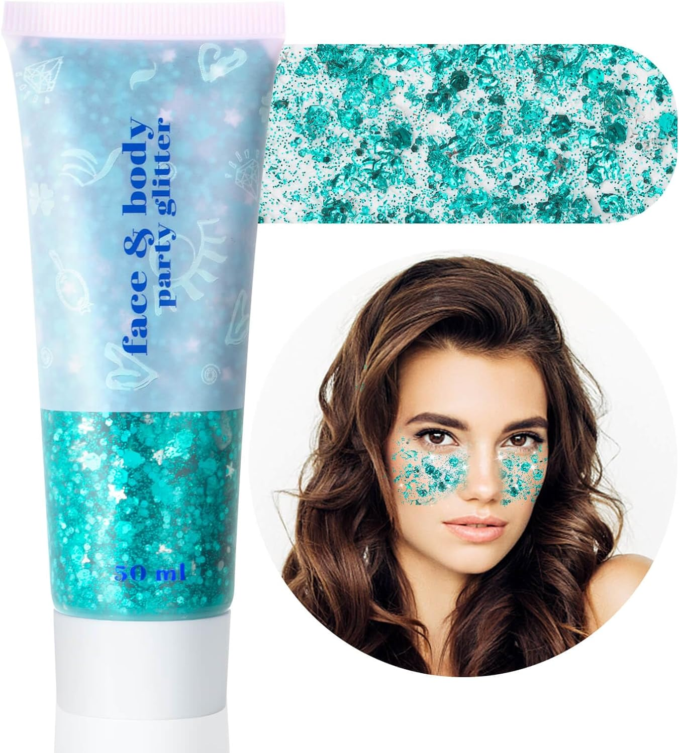 Teal Body Glitter,Mermaid Face Glitter Gel for Halloween Face Paint,Dazzle Green Chunky Glitter for Face Body Eye Lip Hair,Sparkling Holographic Gel Glitter Makeup for Women and Kids