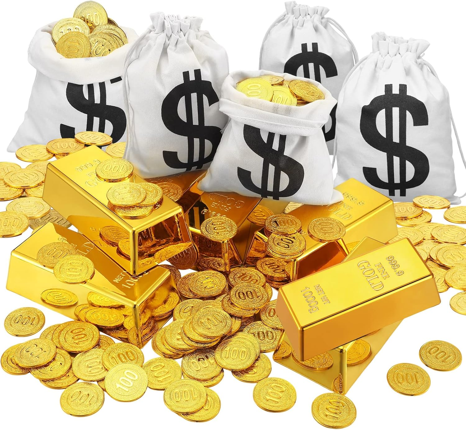 Liliful 100 Pirate Gold Coins, 6 Fake Gold Bar with 6 Canvas Money Bags Replica 6.5 Inch Fake Brick Pirate Costume Party Supplies Treasure Hunt Game Party Favors Movie Prop Money