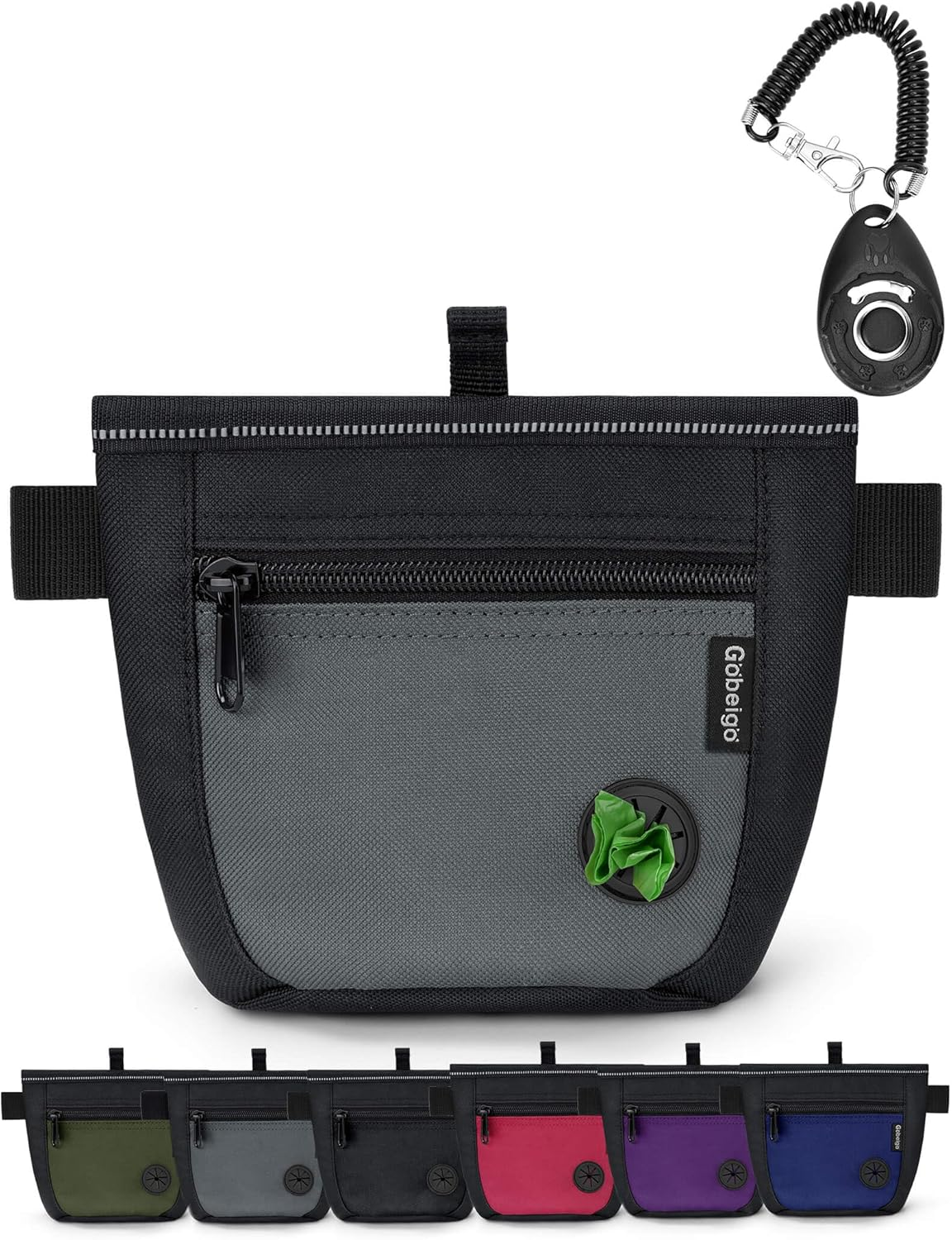 Dog Treat Pouch and Training Clicker, Upgrade Two Magnetic Closure to Prevent Spills, 2 Cup Treat Bag with Poop Bag Dispenser, Metal Clip Waist Belt Fanny Pack for Pet Walk (Black/Gray)