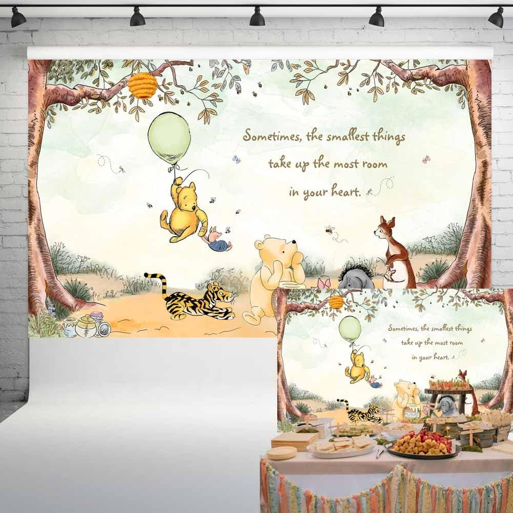 Vintage Pooh Bear Baby Shower Decorations Classic Winnie Neutral Backdrop with Green Balloon Newborn Birthday Cake Table Background 5X3 Ft 94