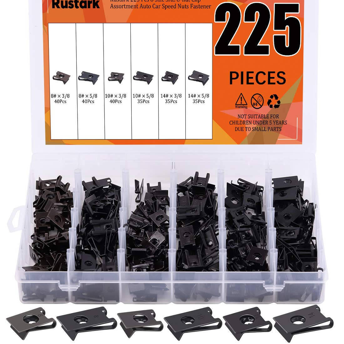 225 Pcs 6 Size SAE U-nut Clip Assortment Auto Car Speed Nuts Fastener with Store Box for Dash Door Panel Interior