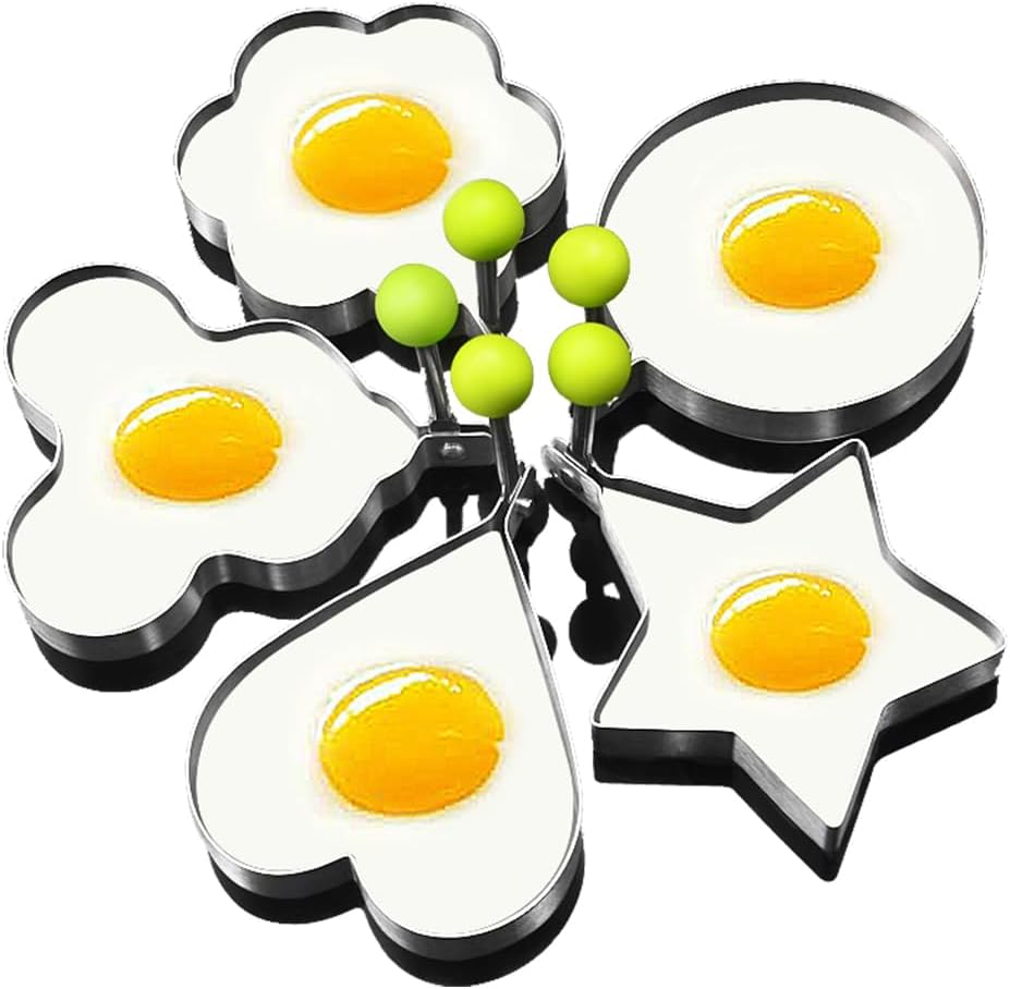 Egg Ring Molds for Cooking 5 Pack Griddle Egg Rings Stainless Steel Egg Cooking Rings Heart, Flower, Star, Micha, round Pancake Mold Set, Yellow