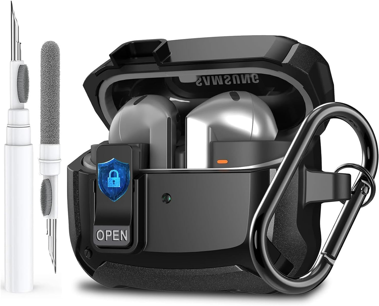 Galaxy Buds 3 Pro/3/3 FE Case Cover with Secure Lock Clip, Shockproof Samsung Galaxy Buds3/3 Pro 2024/3 FE 2025 Protective Hard Cover Shell with Carabiner&Cleaner Kit for Men Women, Black