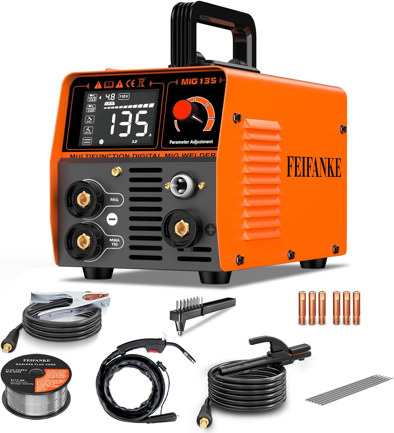 135A Flux Core MIG Welder, 110V 3-IN-1 Mig/Arc/Lift TIG Welding Machine with 1 Lb .030'' Wire, MIG Torch and 5 PCS Rods, Gasless Welder with IGBT, DC Inverter, Synergy for Repair Work