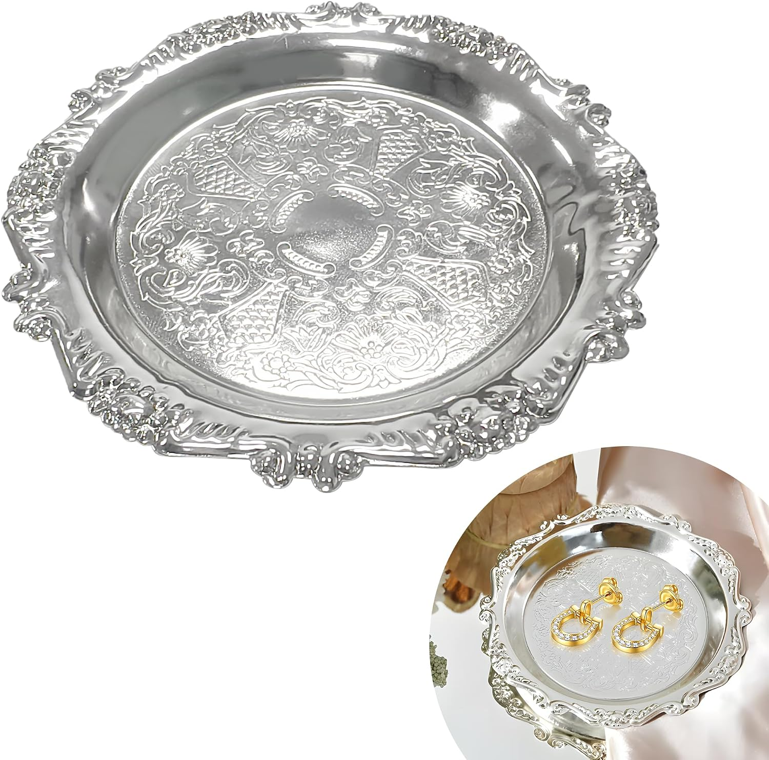 Vintage Silver Key Tray, Small Trinket Tray with Pattern, Jewellery Dish | Key Tray: Decorative Metal Jewellery Dish for Bathroom or Dresser Use. Practical and Convenient for Regular Everyday Use.