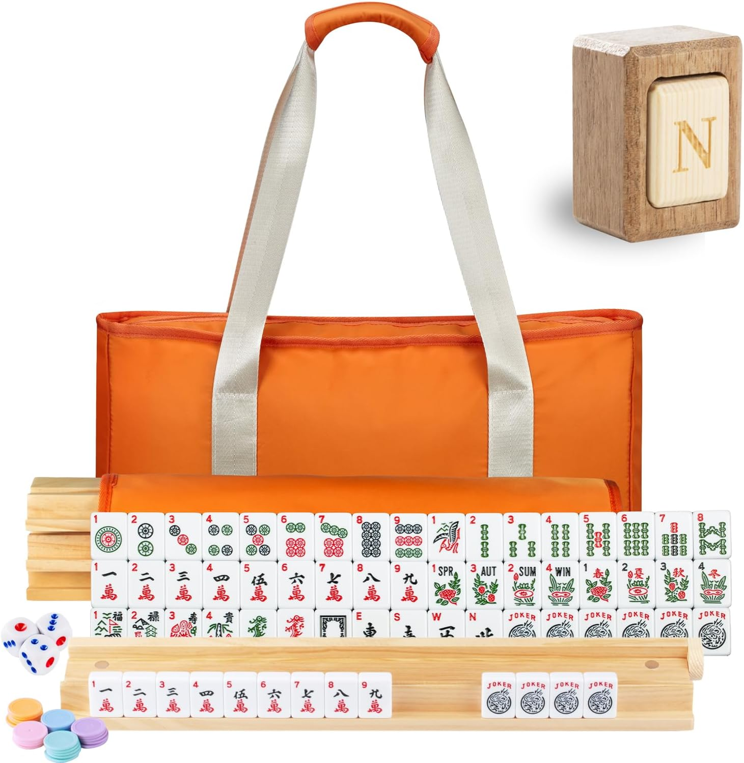 American Mahjong Game Set, 166 Premium Mahjong Tile Set with Traveler Size Stylish Orange Carrying Bag, Western Mahjong Set with 4-Piece Wood Mahjong Racks/Pushers, Mahjong Ma Jong Set