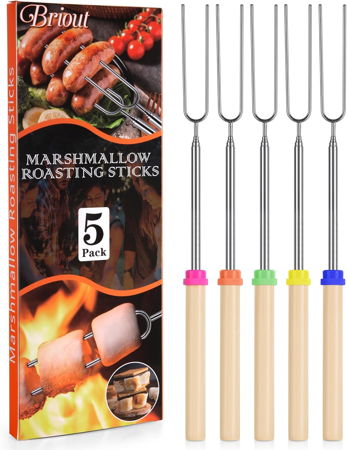 Marshmallow Roasting Sticks - Smores Stick for Fire Pit - Hot Dog Campfire Skewers Marshmallow Camping 32 Inch Long Extendable Forks - 5 Pack