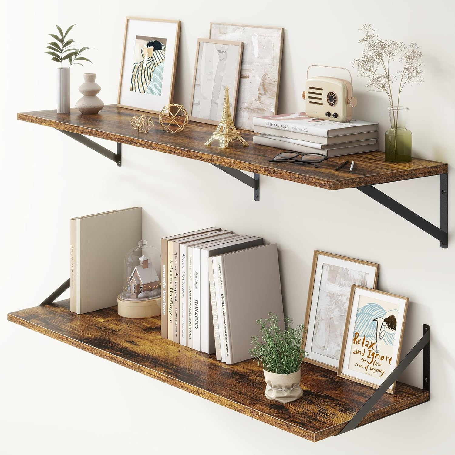 12 Inch Deep Floating Shelves,48W X 12D Floating Shelves, Deep Wall Shelves Bracket Set of 2, Large Display Floating Shelf for Bathroom, Living Room, Wide Storage Wooden Wall Shelf, Rustic Brown